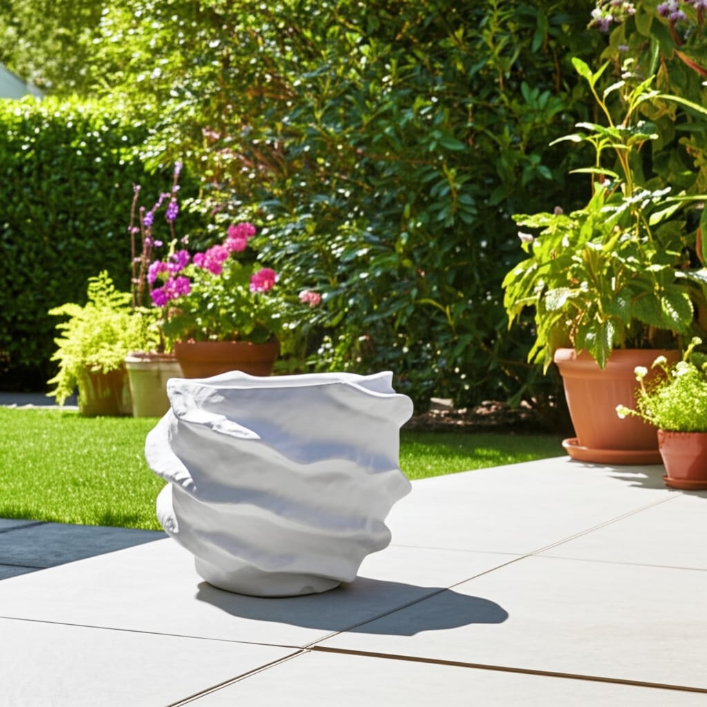 Plant Pot - White Ceramic Textured Sculpted Flutter Trim, 7" - 7.0"