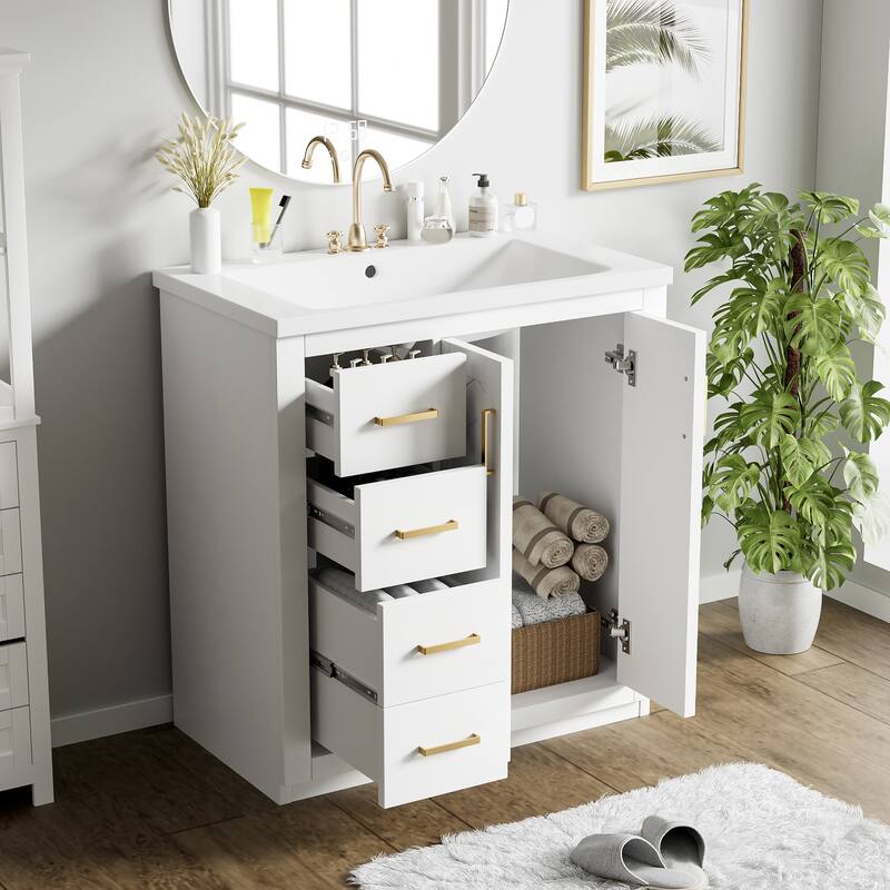 30" Bathroom Vanity with Ceramic Sink - Solid Wood Frame, 3 Drawers & 2 Soft-Close Doors - Modern Freestanding Storage Cabinet