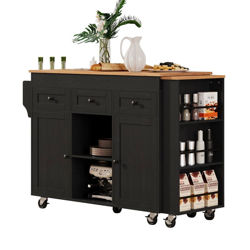 85.5"Kitchen Island with Extendable Dining Table, with 3 Side Open Shelves,Rolling Island with Power Outlet,3 Drawers,2 Doors