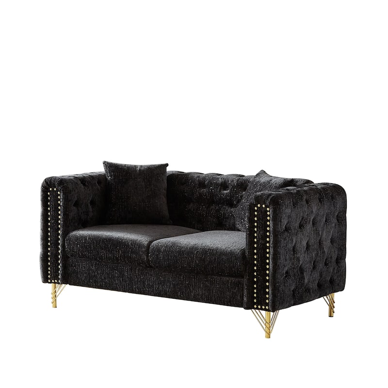 60-Inch Chenille Chesterfield Sofa, Living Room Couch with Buttons Tufted/Copper Nail Decoration Armrest