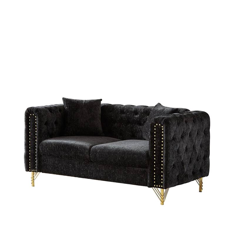Modern 60-Inch Chenille Sofa, Chesterfield Pull-Buckle Design with Copper Nail Decor, Upholstered 2-Seater Couch