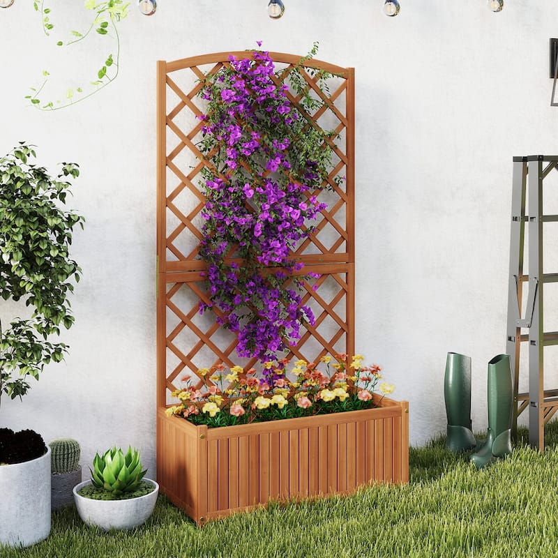 Natural Acacia Wood Raised Garden Bed with Diamond Trellis and Large Planter - 80 x 40 x 160 cm