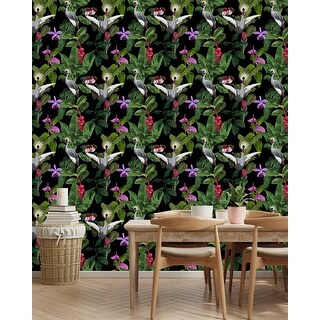 Black Wallpaper with Exotic Flowers Peel and Stick and Prepasted - Bed ...