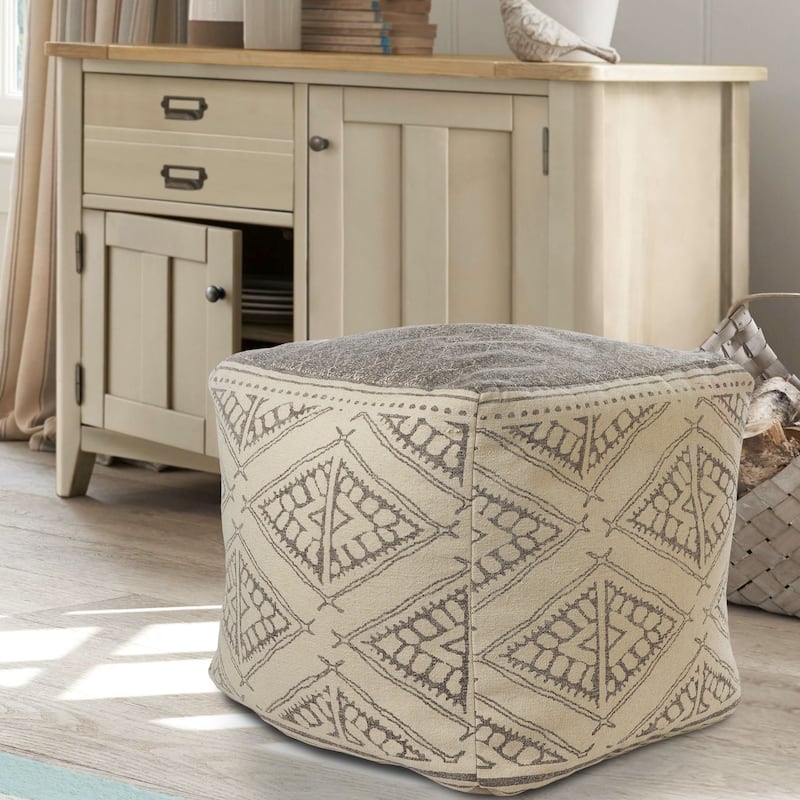 20" Taupe and Beige Geometric Handmade Square Pouf Ottoman