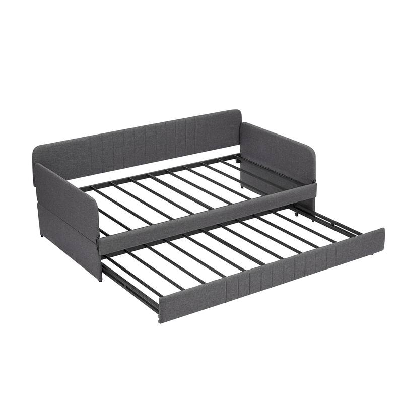 Grey Metal Daybed with Trundle, Twin Size, Space-Saving Design