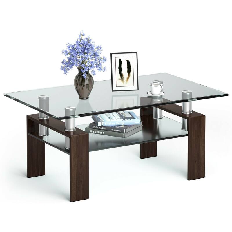 Rectangle Glass Coffee Table with Metal Legs for Living Room - 39" x 23.5" x 17.5"