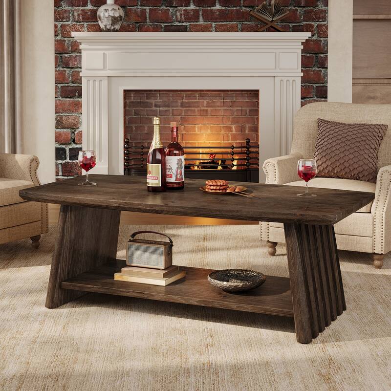 47-Inch Solid Wood Coffee Table, Rustic Coffee Table with Storage