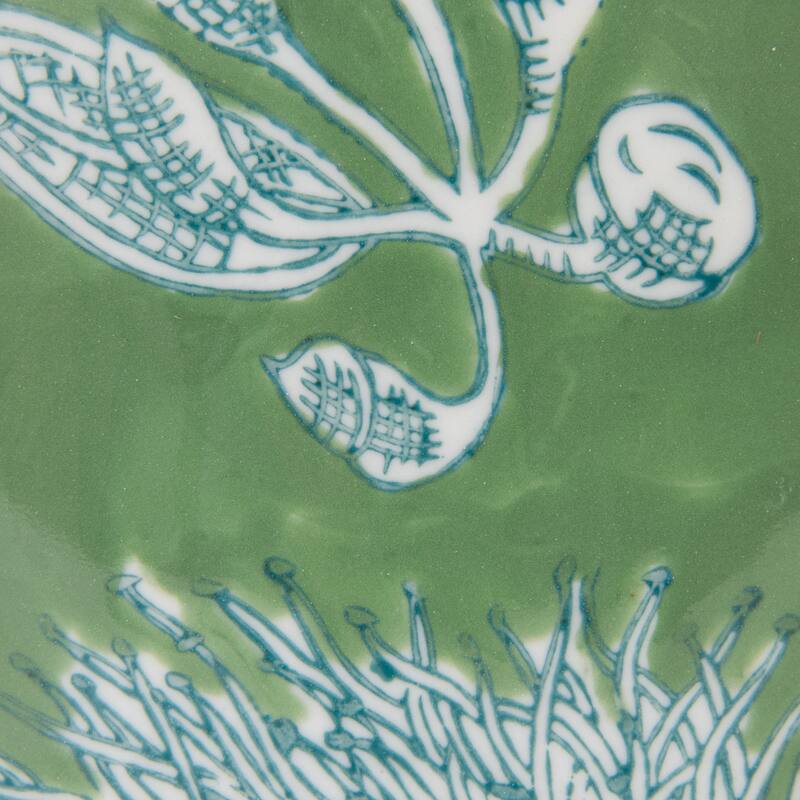 Stoneware Decorative Storage Jar with Lid and Botanical Detailing - 7.8"L x 7.8"W x 7.0"H