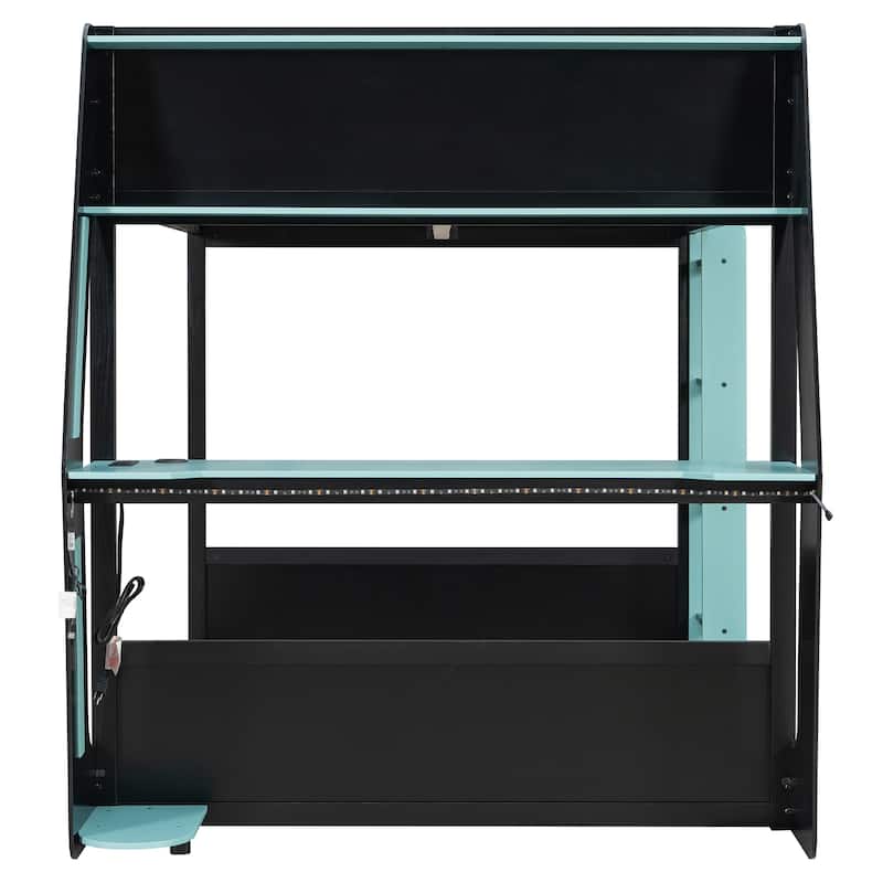 Esports Loft Bed Full Over Full Bunk Bed Frame with Side Mounted Desk, Light Strip, Charging Station and Cable Grommet