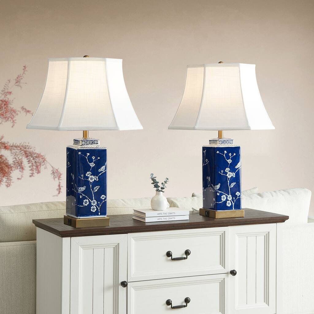 24-inch Blue/ White Dimmable Table Lamp with USB Port (Set of 2) - 24 inches