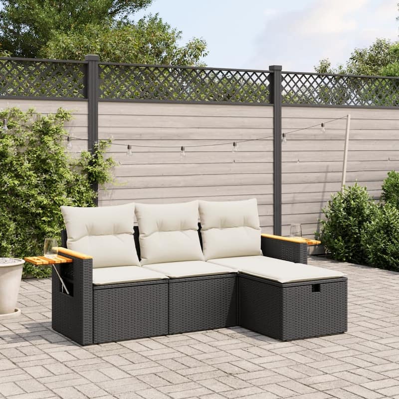vidaXL Patio Sofa Set with Cushions Outdoor Furniture 4 Piece Poly Rattan - Black and cream without storage - 24.4 x 24.2 x 27.2 in