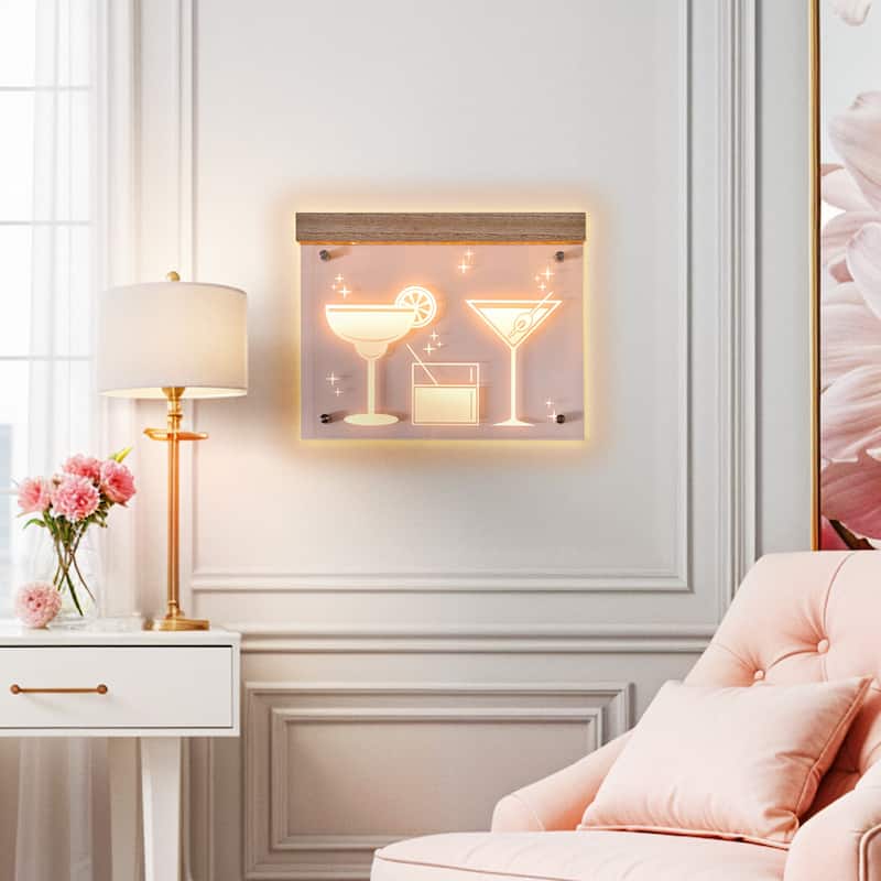 American Art Decor Tipsy Wall Decor with Purple LED Featuring Drinks - 13.98" x 11.0" - 11" x 14"