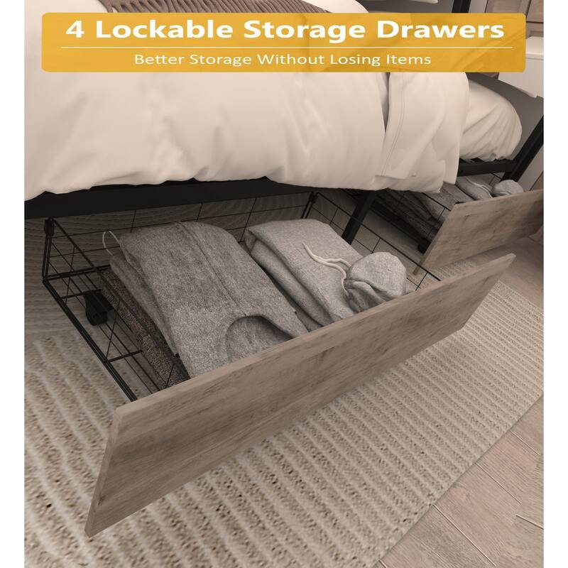 Queen Bed Frame with Storage Headboard, Charging Station, LED Lights, and Easy Assembly