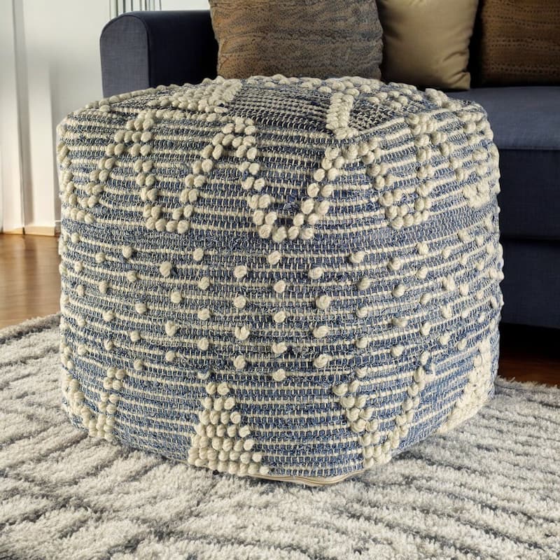 Blue Geometric Pouf Ottoman for Living Room or Bedroom