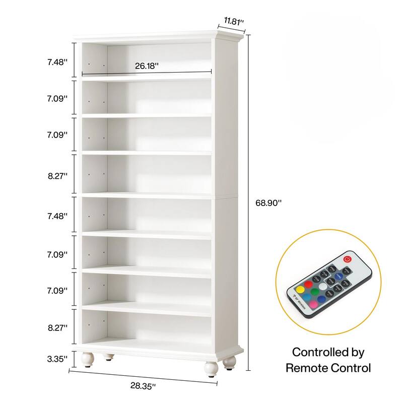 28" White 8-Tier Shoe Storage Cabinet with LED Light Strip