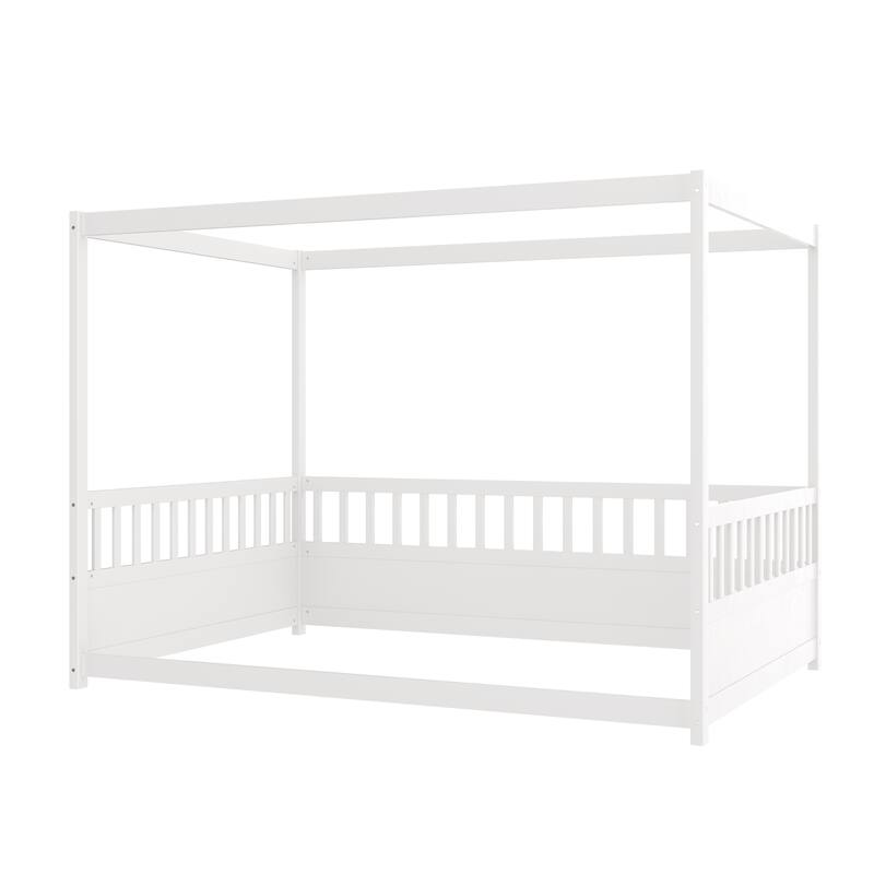 Full Size Canopy Floor Bed with 21.45" Safety Guardrails and 3-Sided Access, Curtain Ready