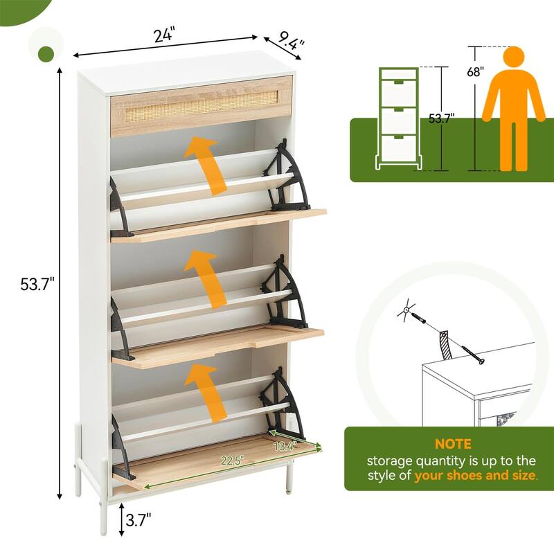 Rattan 3 Flip Door with 1 Drawer Shoe Rack Storage Cabinet