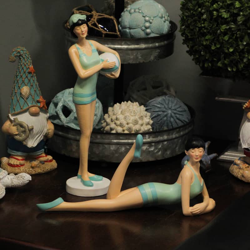 Brunette Bathing Beauty Figurine Hand-Painted Striped Swimsuit, - 13 X 4.25 X 3.5 inches