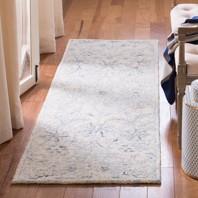 SAFAVIEH Handmade Micro-Loop Utta Wool Rug - 2'3" x 8' Runner - Light Blue/Ivory