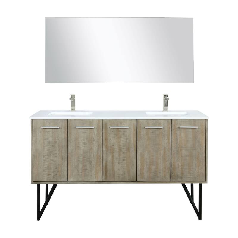 Lancy 60 in W x 20 in D Rustic Acacia Double Bath Vanity, White Quartz Top, Brushed Nickel Faucet Set and 55 in Mirror