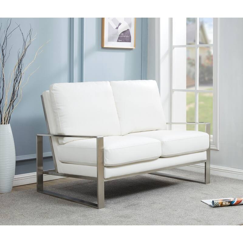 Jefferson Modern Leather Loveseat with Brushed Silver Stainless Steel Base, Removable Cushions, Sinuous Springs, Fully Assembled