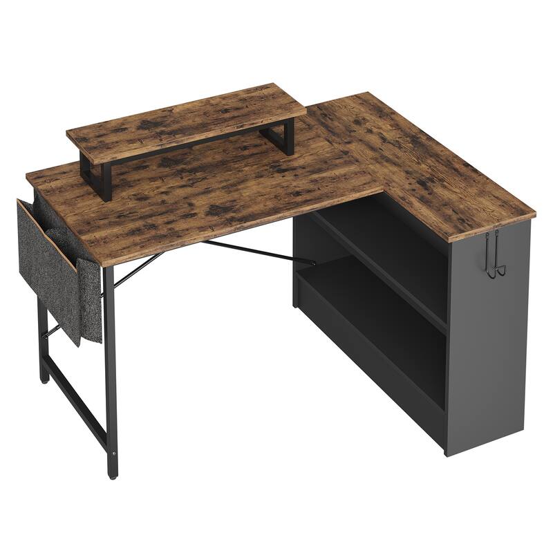 42" Gaming Desk Reversible L Shaped Desk with LED Monitor Stand Storage Shelves and Bag