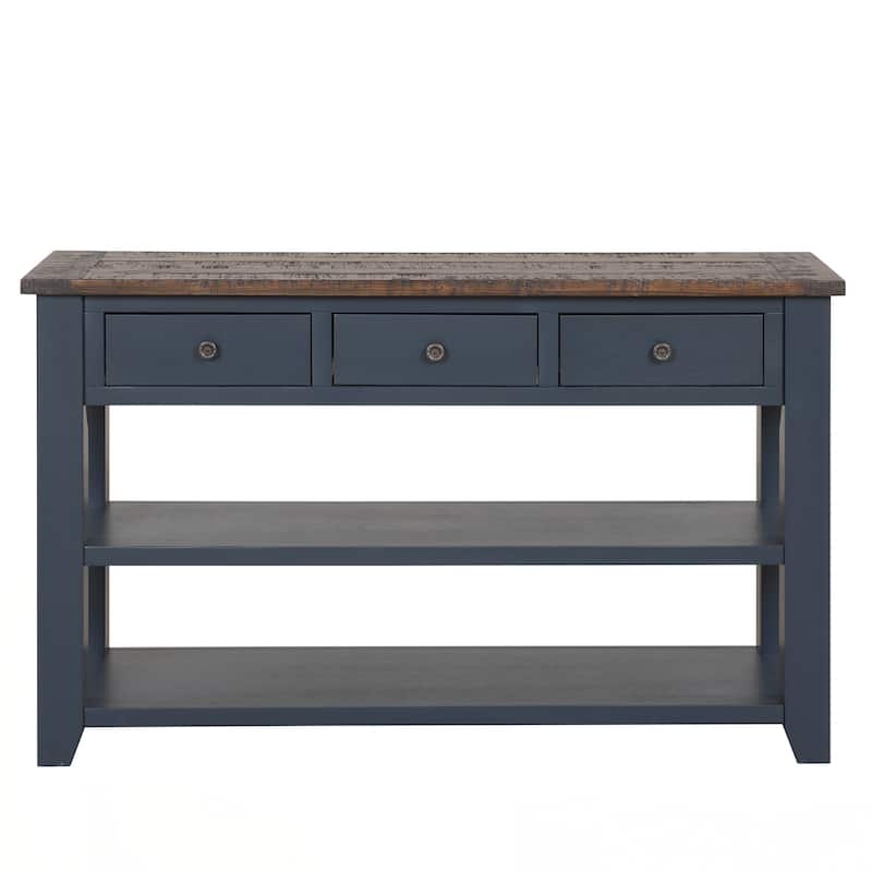 48'' Solid Pine Wood Top Console Table, Modern Entryway Sofa Side Table with 3 Storage Drawers and 2 Shelves
