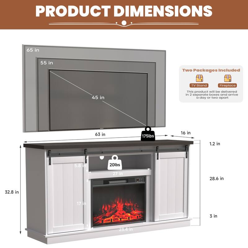 63" Farmhouse Fireplace TV Stand with Sliding Barn Door, Accommodates TVs Up to 65", Featuring Storage and Adjustable Shelves