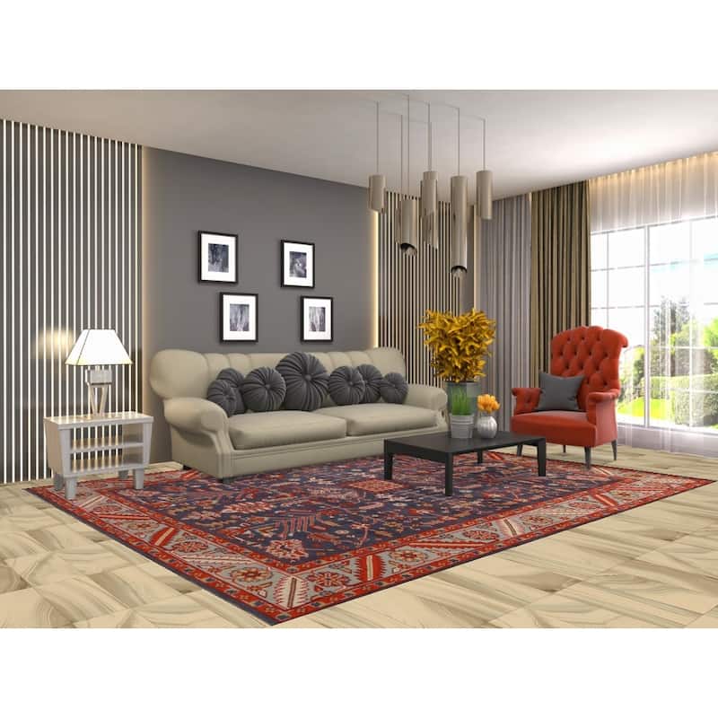 Hand Knotted Oriental 100% Wool Carpet Transitional All-Over Navy Blue & Blues Oushak Area Rug - 9' 11'' X 7' 9''