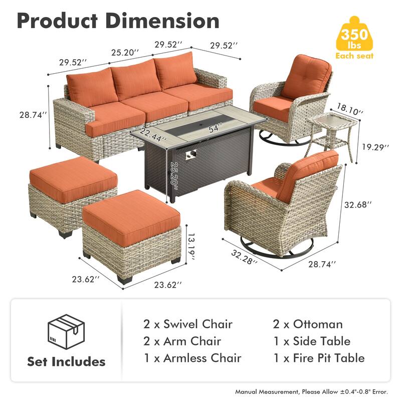 OVIOS 9 Pieces T shaped Seat Curved Swivel Chair Set With Fire Pit
