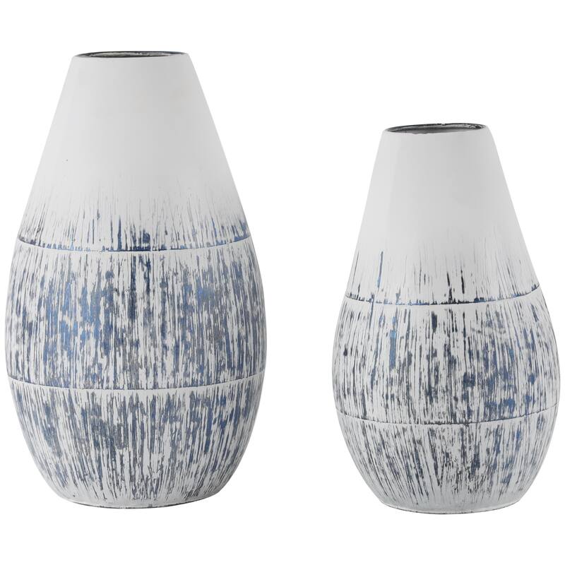 Metal Brushed Decorative Vase with White Background - Set of 2 Blue - Roche River Decor