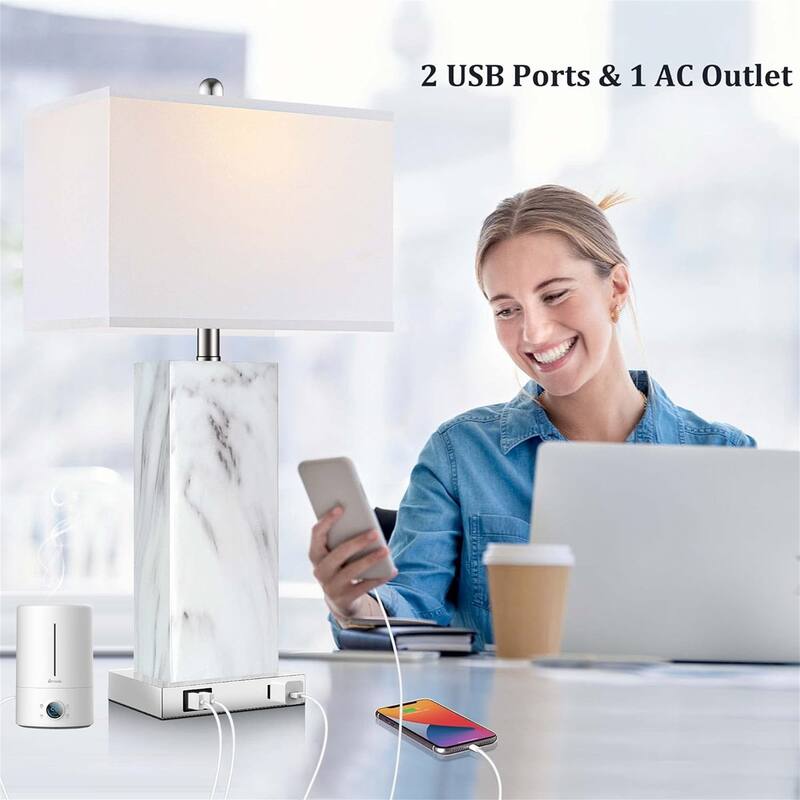 2 PCS Touch Control Ceramic Bedside Lamp w/ 2 USB Ports 1 AC Outlet (LED Bulbs Included)