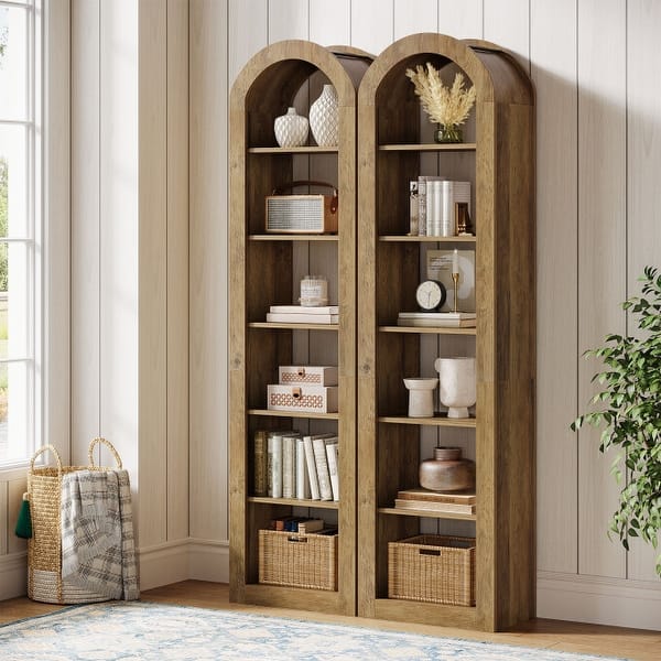 slide 2 of 21, 74.8-Inch Arched Tall Bookshelf, 6-Tier Rustic Wooden Bookcase 2PC - Brown