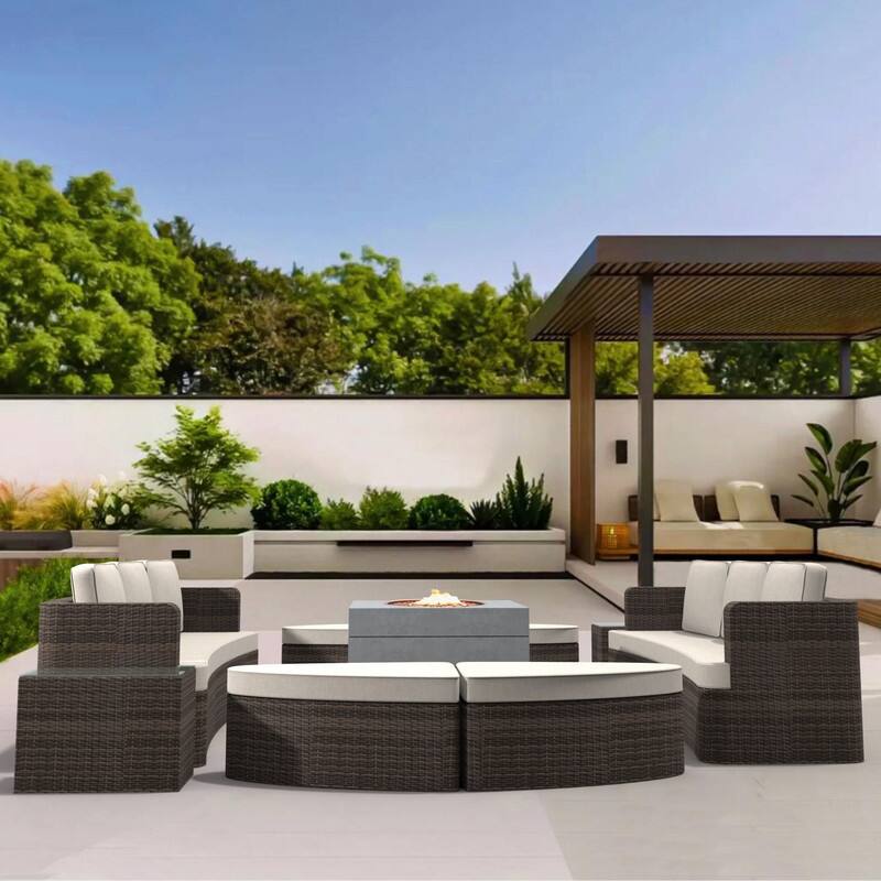 9-piece Patio Wicker Daybed Set with Concrete Fire Pit Table