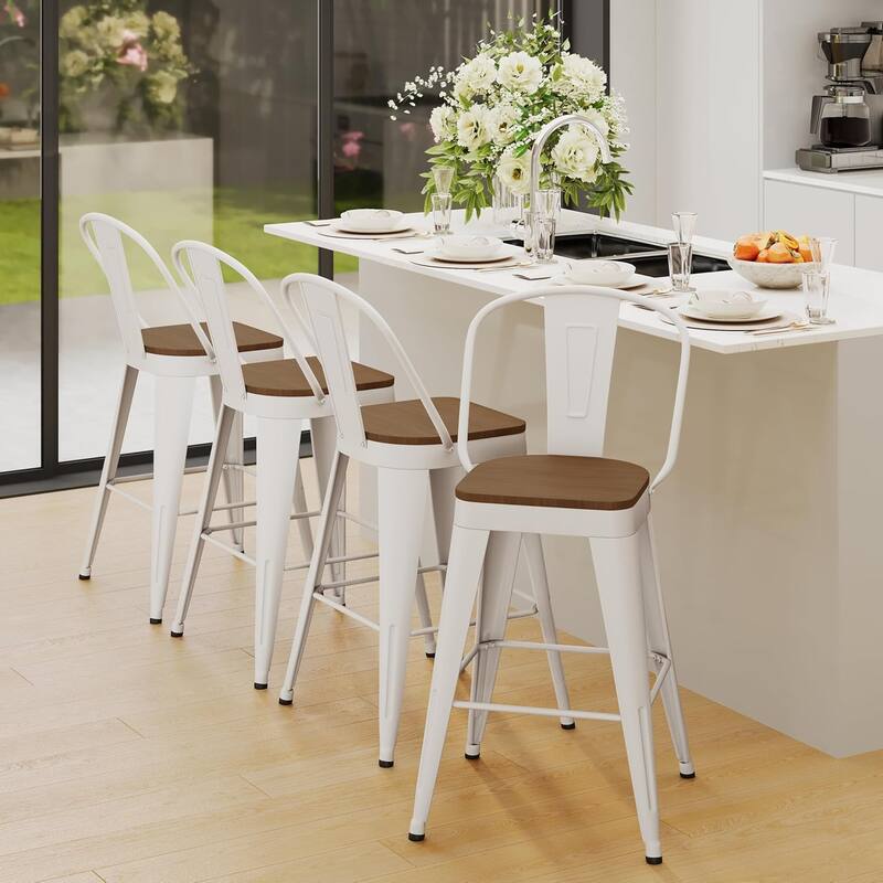 Counter Stools with Metal Frame Counter Height Bar stools with High Back 24" Kitchen Bar Furniture Stools with Wooden Seat