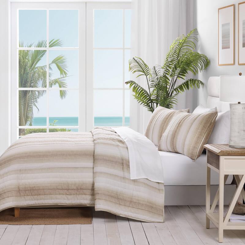 Tommy Bahama La Prisma Stripe Texture Reversible Cotton Bedding (Beige, 3 Piece Set) - Beige - King