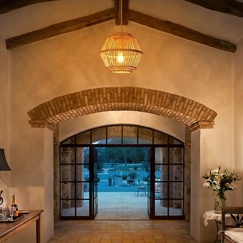 1-Light Rustic Geometric Rattan Chandelier for Kitchen Island