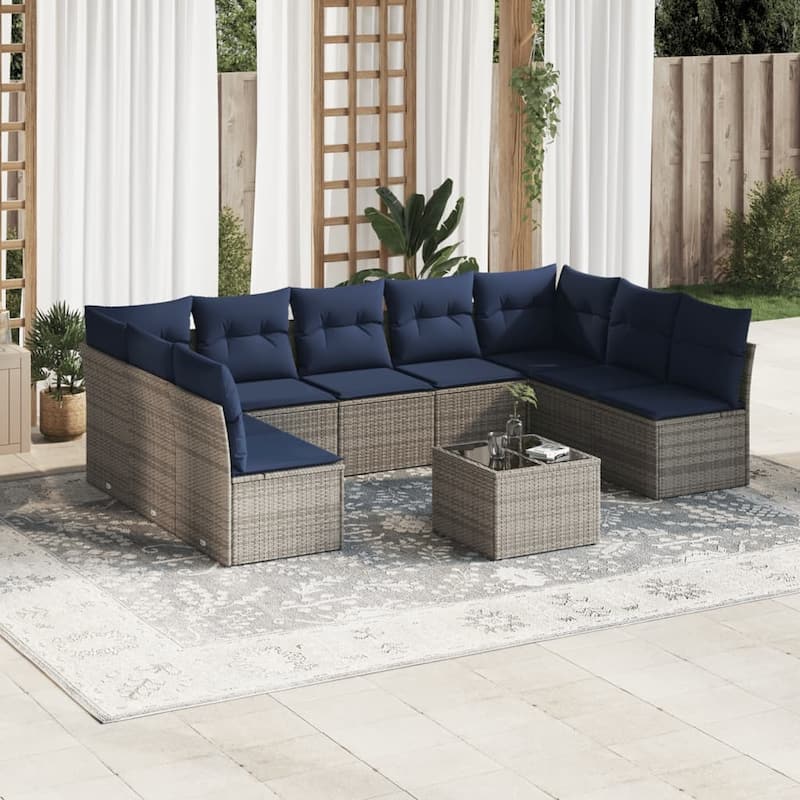 vidaXL 9/10 Piece Patio Sofa Set with Cushions Brown/Gray Poly Rattan - 21.7 x 24.4 x 27.2 - Beige and gray With table
