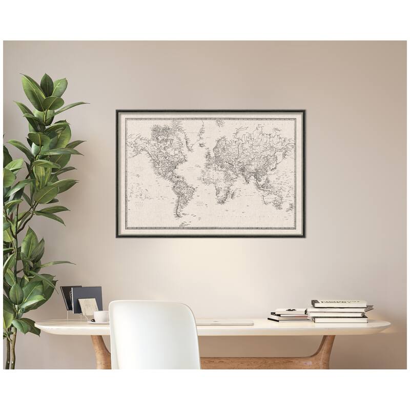 Kate and Laurel Framed Fabric Pinboard Vintage Black and White Linen World Map Wall Organization