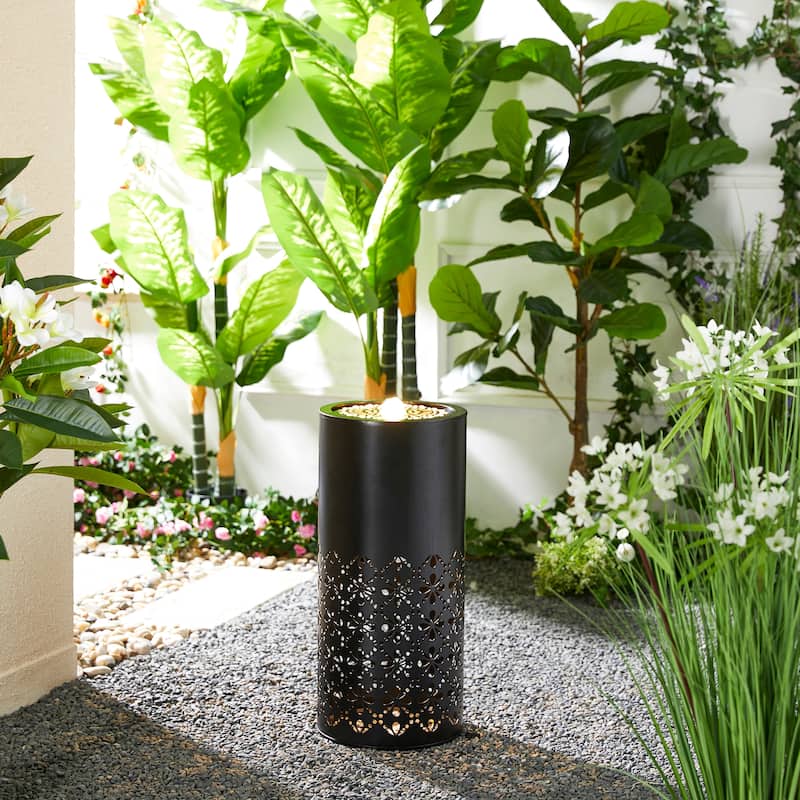 Glitzhome 23.5"H Metal Modern Cutout Pattern Outdoor Fountain with Lights & Shadows