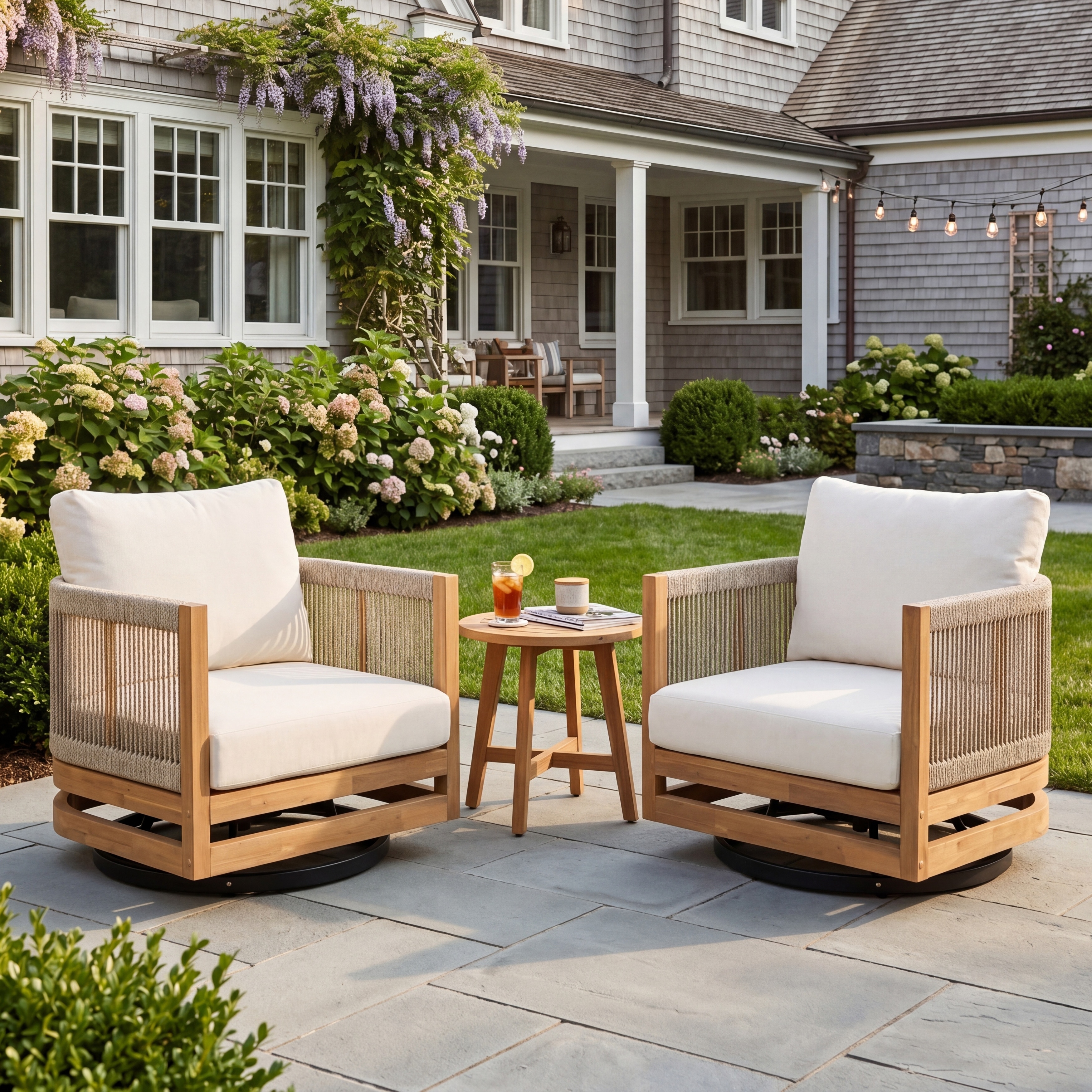 Christopher Knight Home - Outdoor Set of 2 Swivel Chairs with Acacia Wood, Handwoven Rope Frame & 360° Iron Base