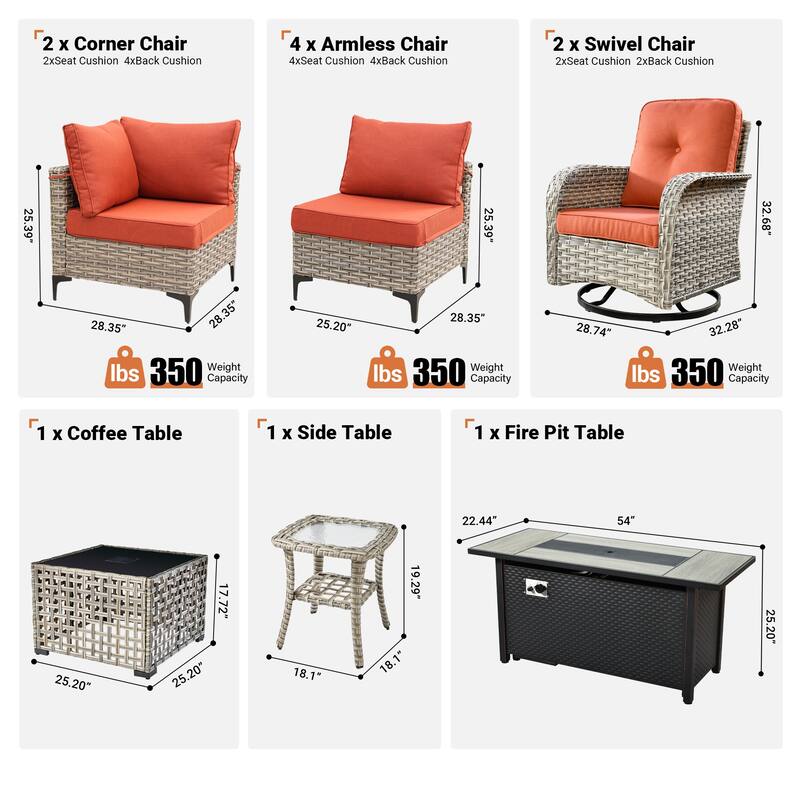 OVIOS 11 Pieces Outdoor Wicker Swivel Chair Set With Fire Table