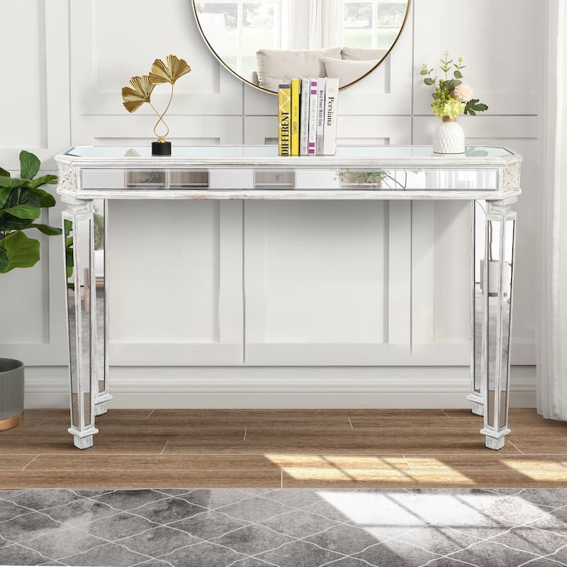 Versatile Mirror Console Table with Vintage Wood Carving Elements