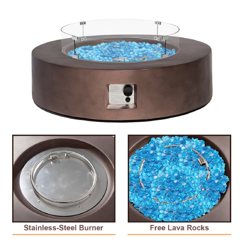 SUNBURY 42''Round Propane Fire Pit w Wind Guard and Fire Glass