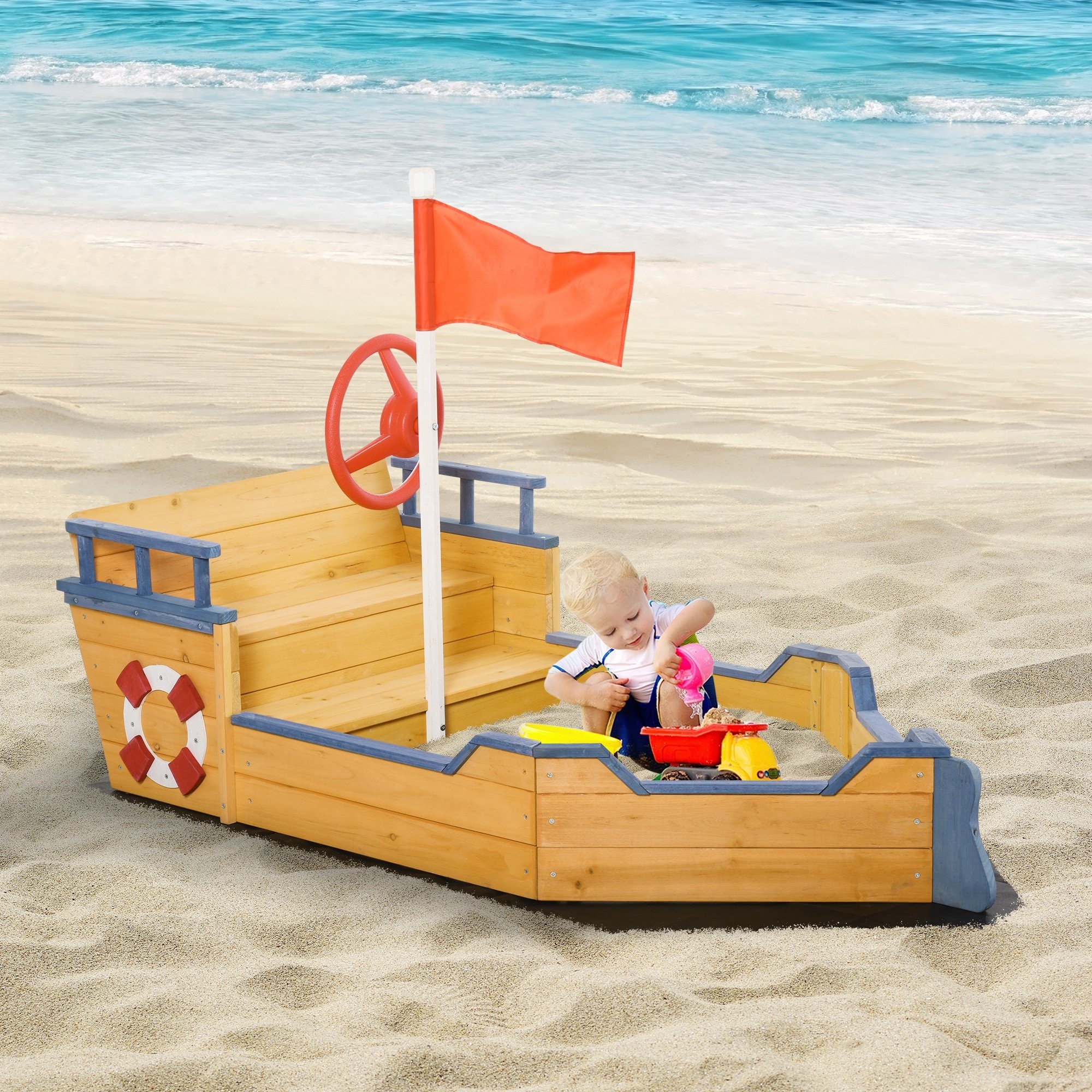 Outsunny Kids Sandbox Pirate Ship Play Boat w/ Bench Seat and Storage Cedar Wood 