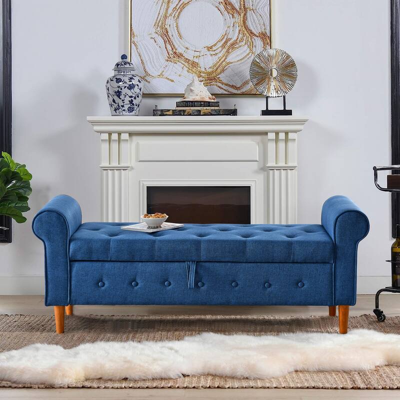 Rolled Arm Tufted Storage Bench, Modern 62" Upholstered Ottoman Window Bench with Wooden Legs for Bedroom, Entryway