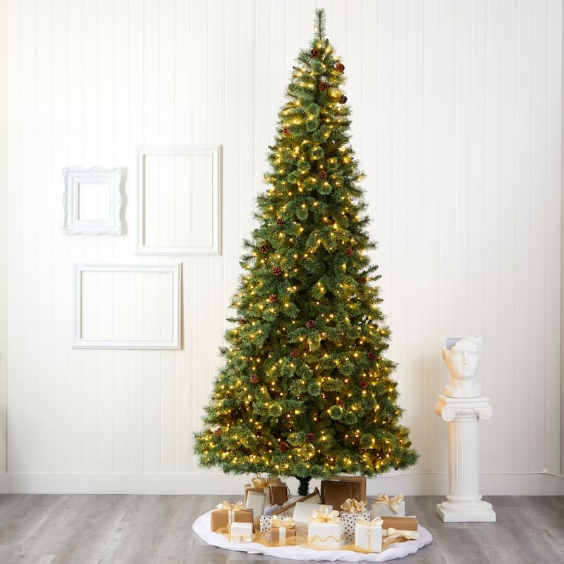 10ft. Pine Artificial Christmas Tree with 850 Clear LED Lights & Pine Cones - Towering Grand Holiday X-Mas Centerpiece