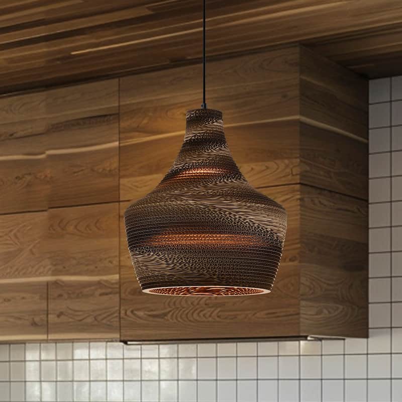 1-light Brown Natural Pendant Light With Nordic Style Corrugated Cardboard Shade