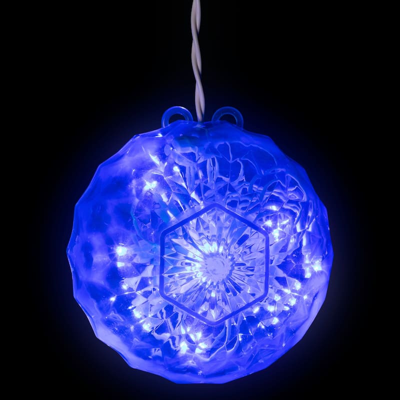 LED Crystal Sphere Hanging Christmas Decoration - 5" - Blue Lights - 2' White Wire