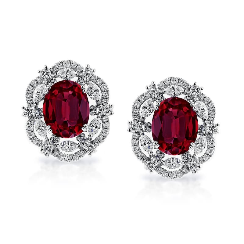Auriya 5 3/4ct Fancy Oval-cut Red Ruby Halo Diamond Stud Earrings 1 3/4ctw 18k Gold
